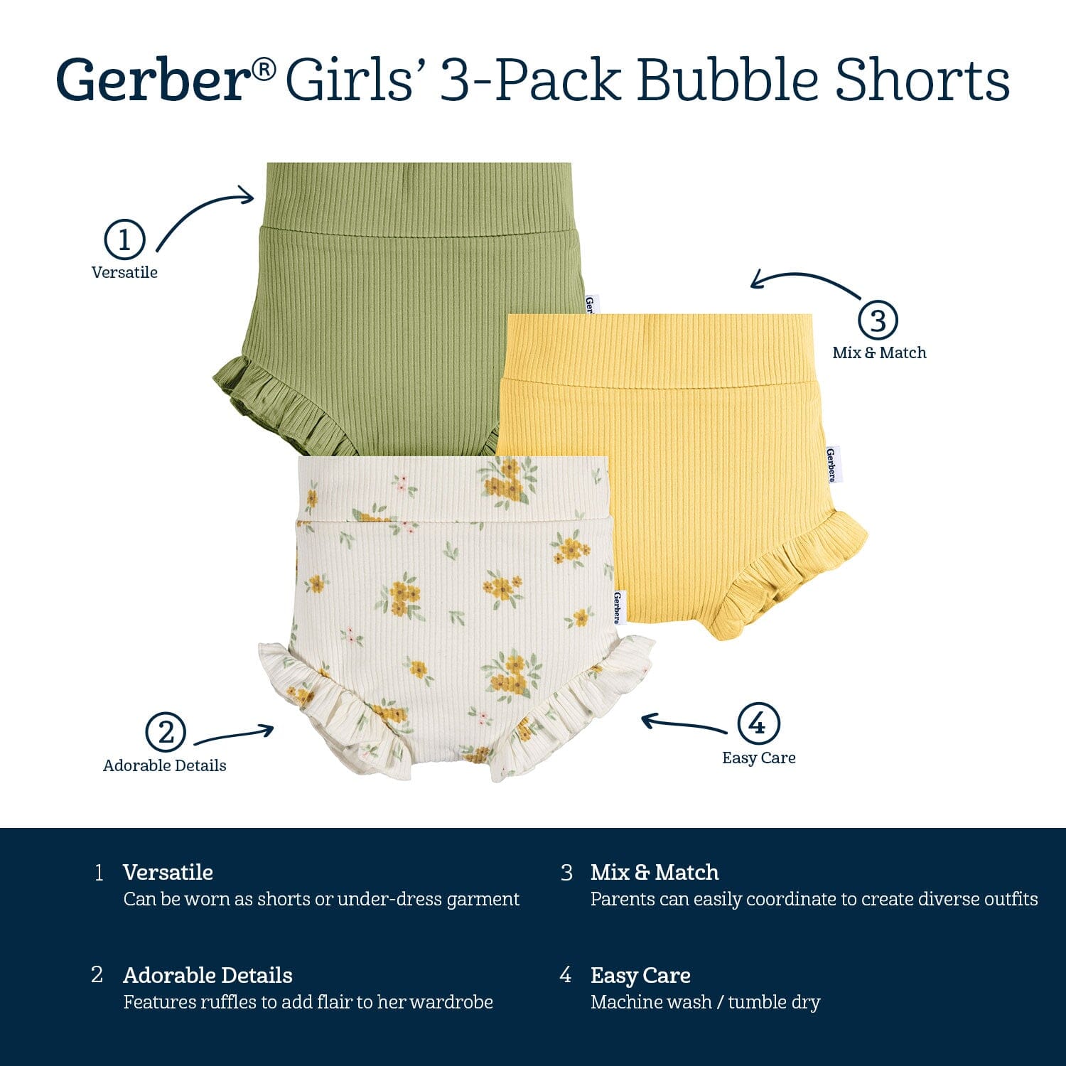 3-Pack Baby Girls Floral/Yellow/Green Bubble Short