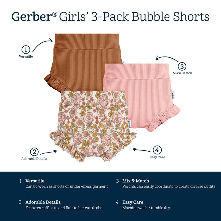 3-Pack Baby Girls Garden/Pink/Brown Bubble Short
