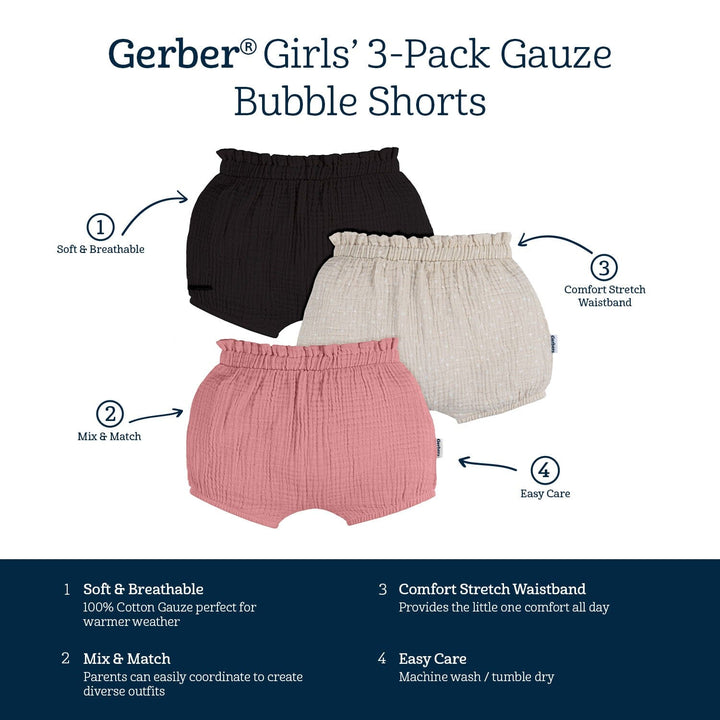 3-Pack Baby Girls Pink/Dot/Black Gauze Bubble Short