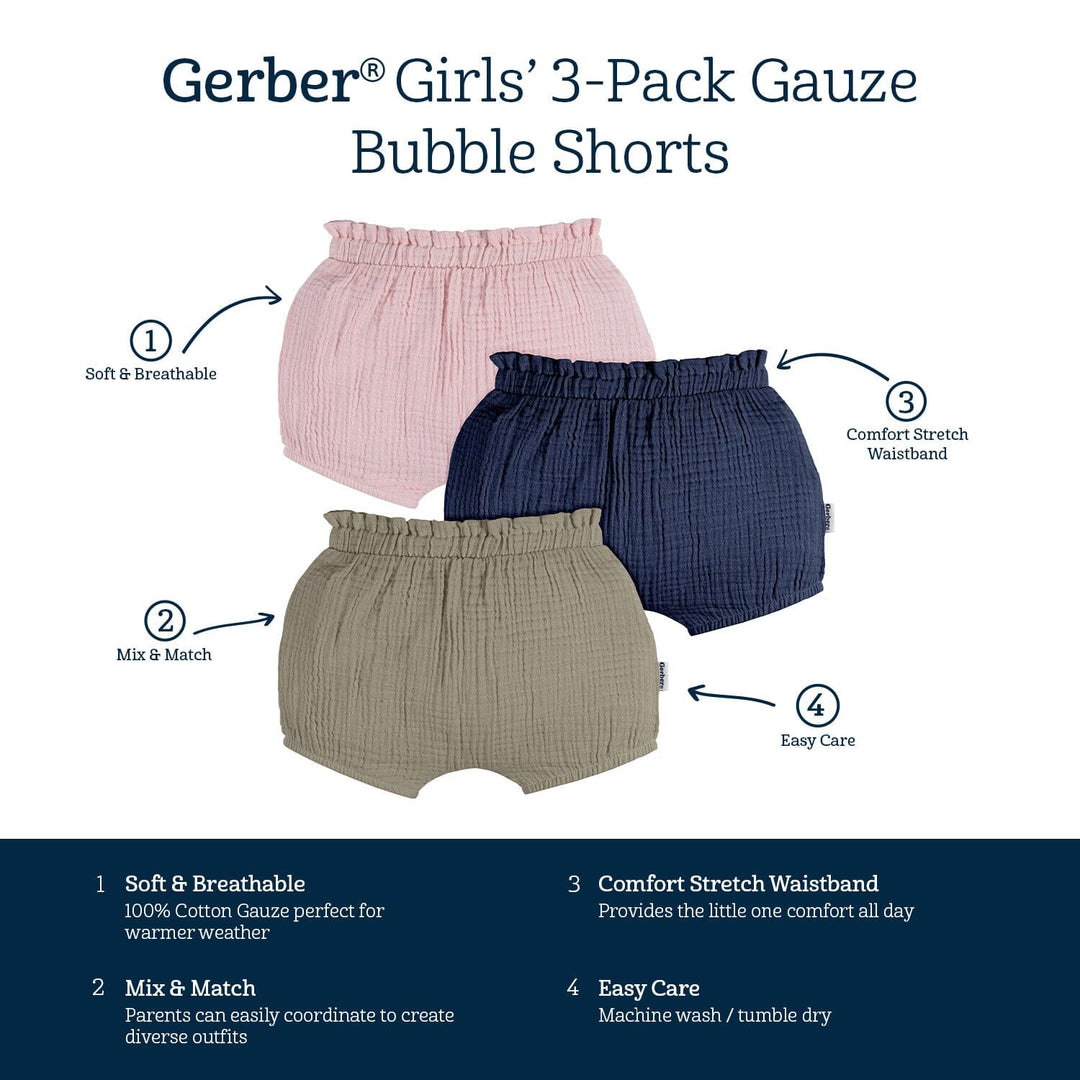 3-Pack Baby Girls Green/Navy/Pink Gauze Bubble Short
