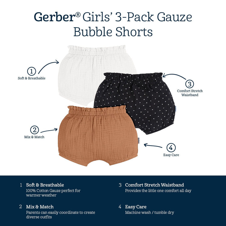 3-Pack Baby Girls Brown/Dot/White Gauze Bubble Short