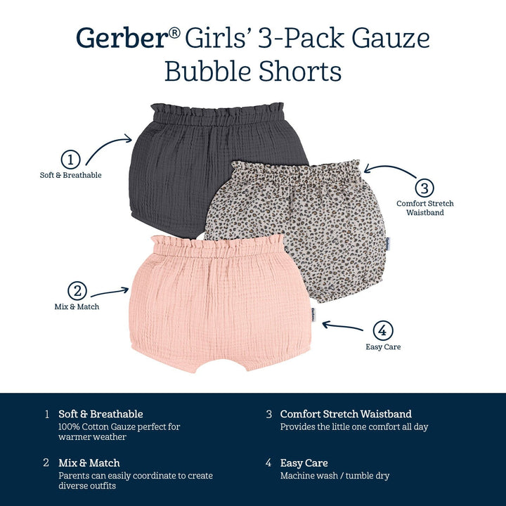 3-Pack Baby Girls Pink/Leopard/Grey Gauze Bubble Short