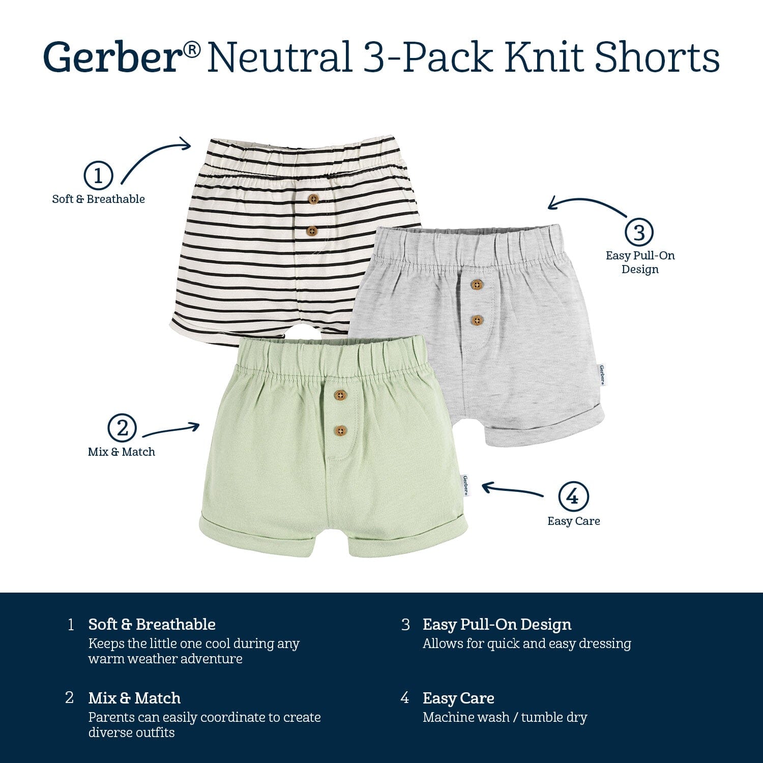 3-Pack Baby Neutral Green/Lt Grey Heather/Stripe Knit Short