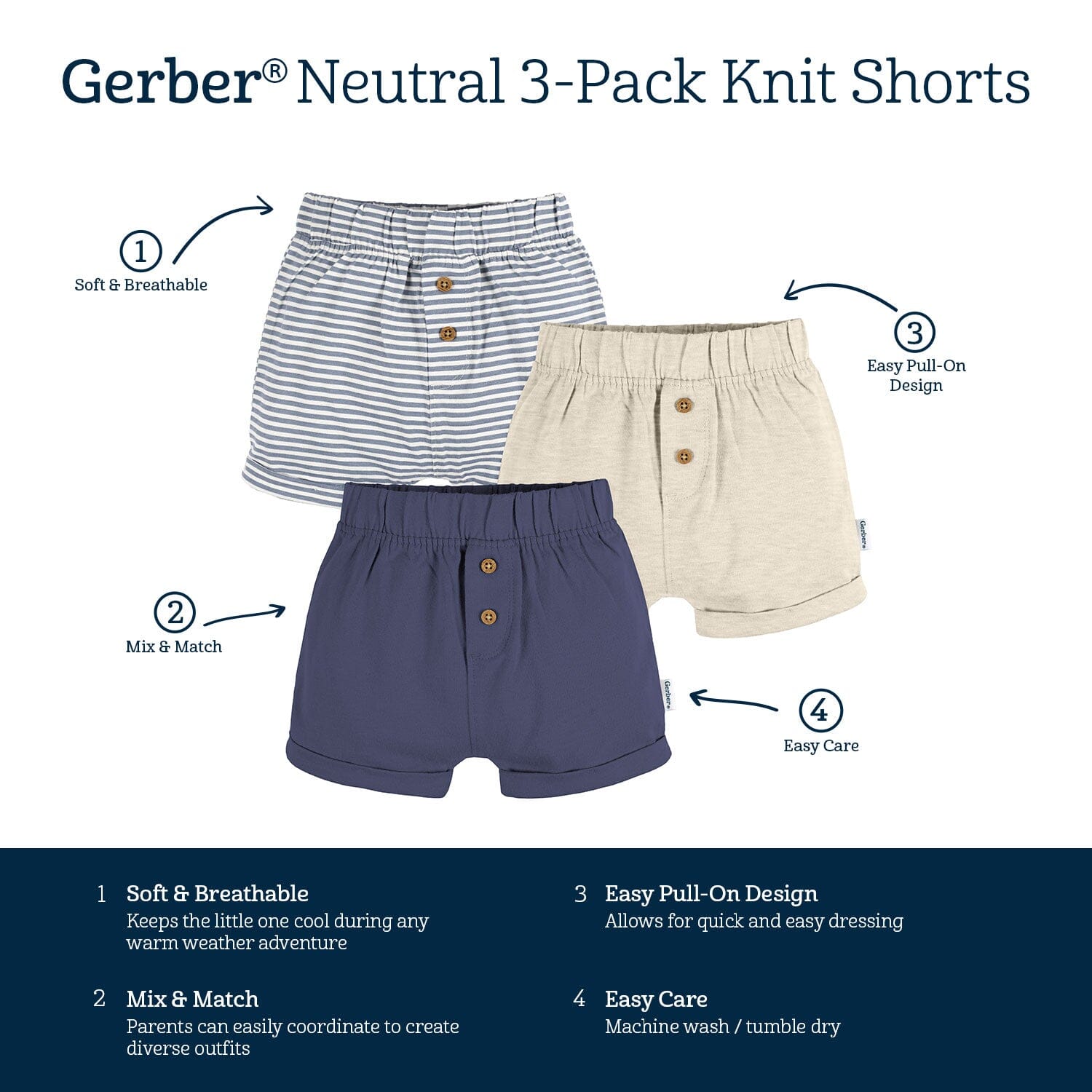 3-Pack Baby Neutral Navy/Oatmeal/Stripe Knit Short
