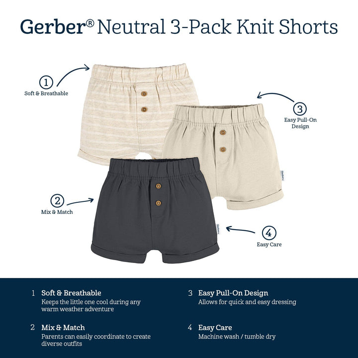 3-Pack Baby Neutral Grey/Tan/Stripe Knit Short