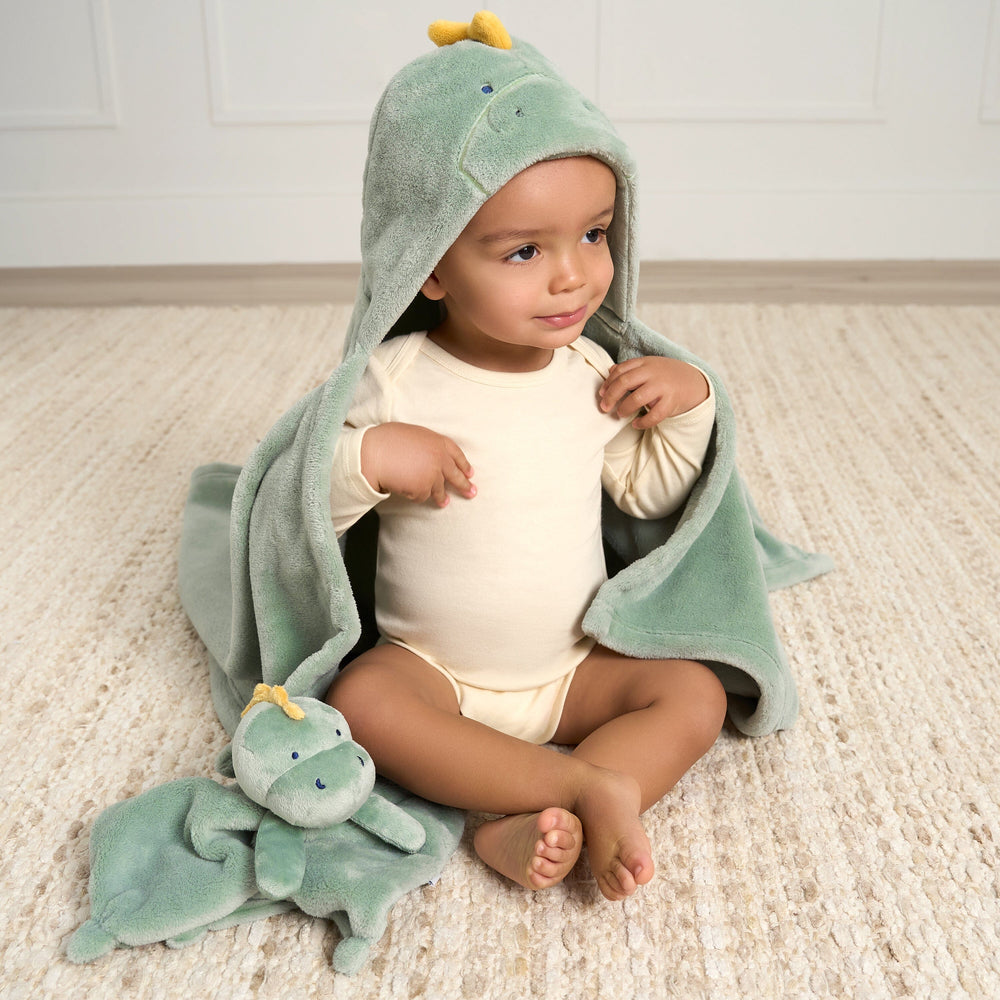 2-Pack Baby Boys Dino Time Hooded Wearable Blanket & Security Blanket Set