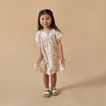 Infant & Toddler Girls Beige Tossed Lavender Puff Sleeve Dress