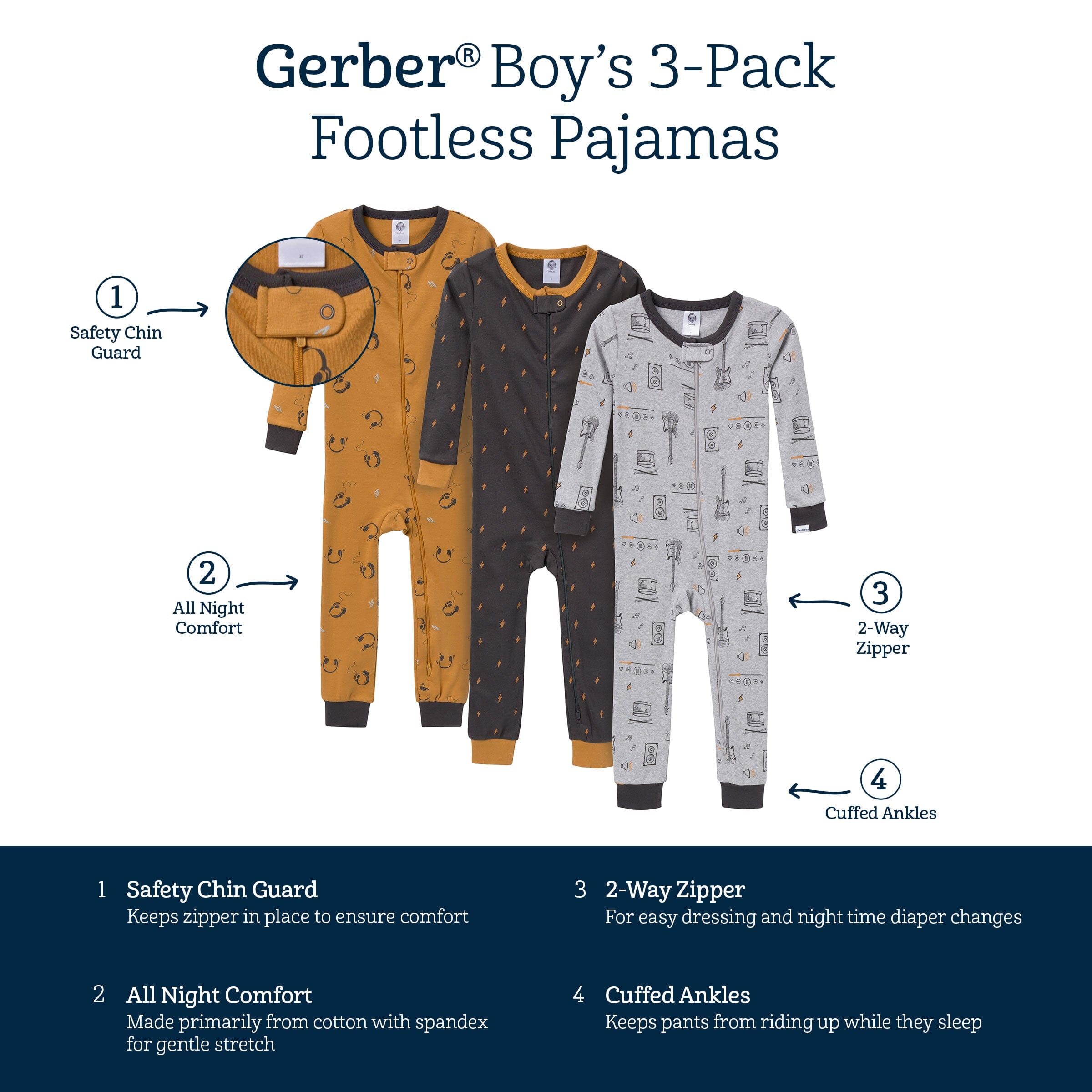 3-Pack Baby & Toddler Boys Music Snug Fit Footless Pajamas