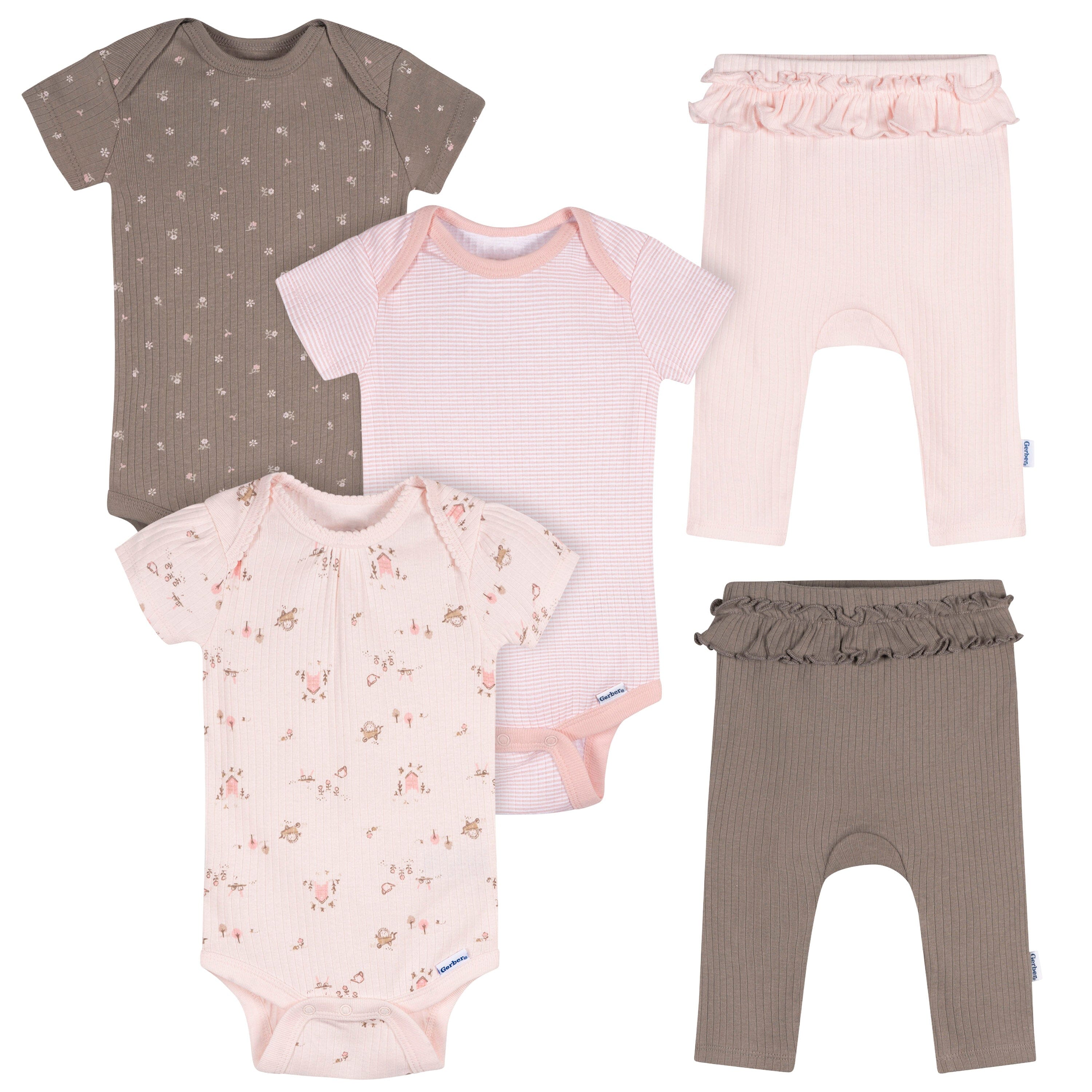 5-Piece Baby Girls Pink Garden Bodysuits & Pants Set Outfits & Sets Gerber® 