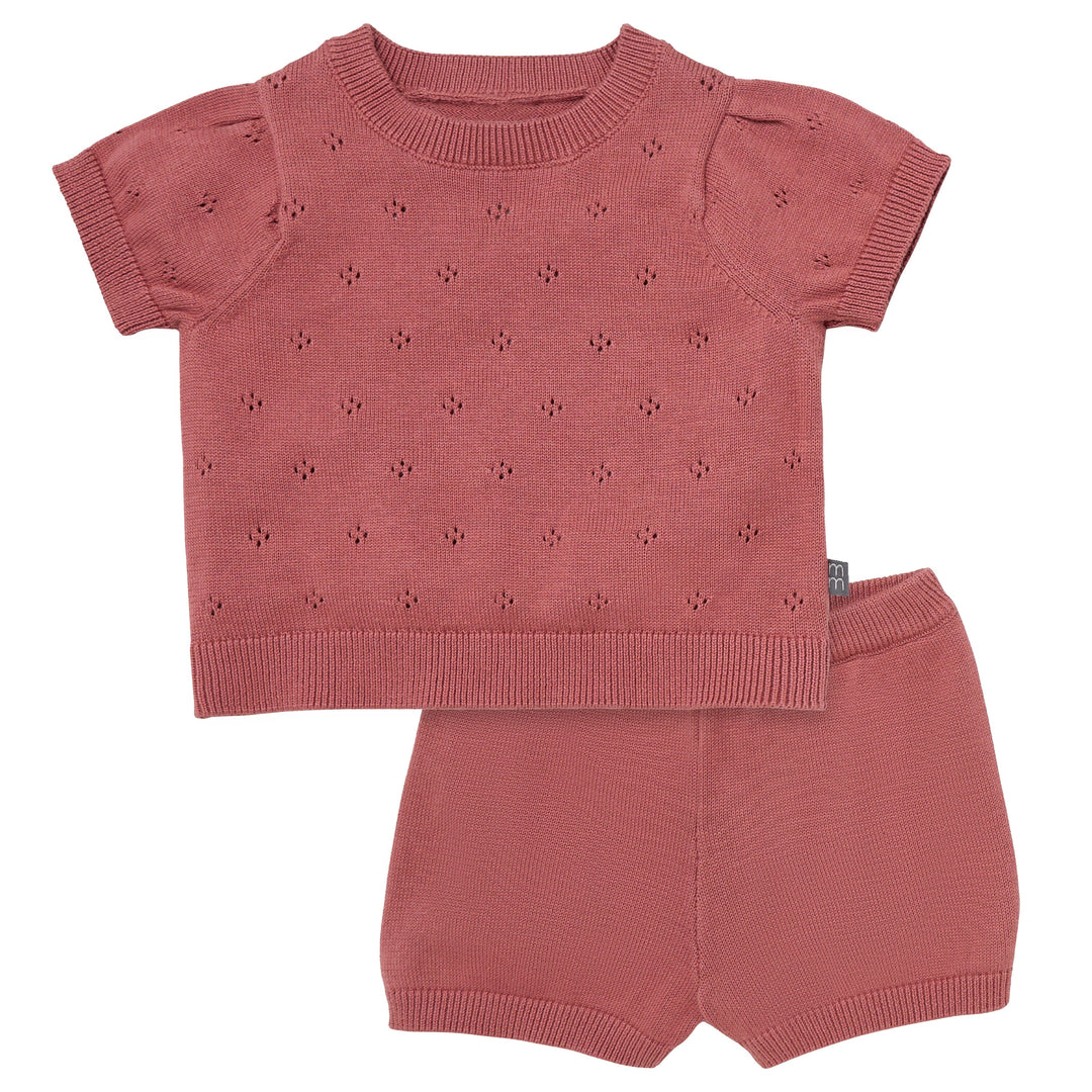 2-Piece Baby Girls Dark Rose Sweater Knit Top and Shorts Set