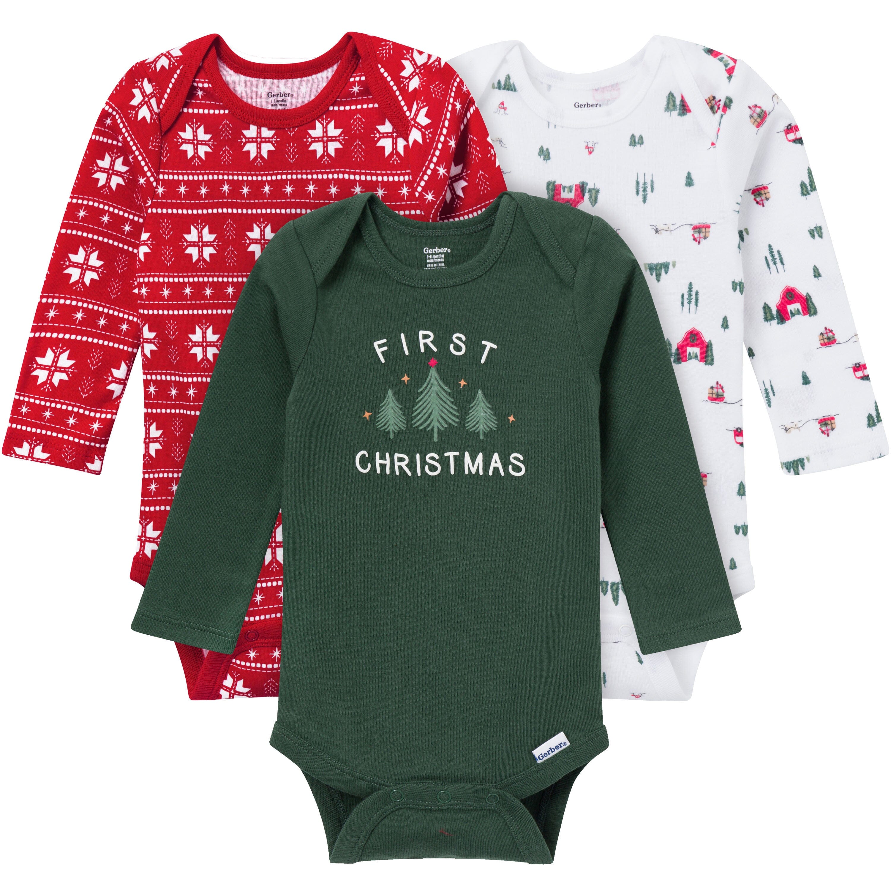 3-Pack Baby Neutral First Christmas Long Sleeve Onesies® Bodysuits onesies Gerber® 