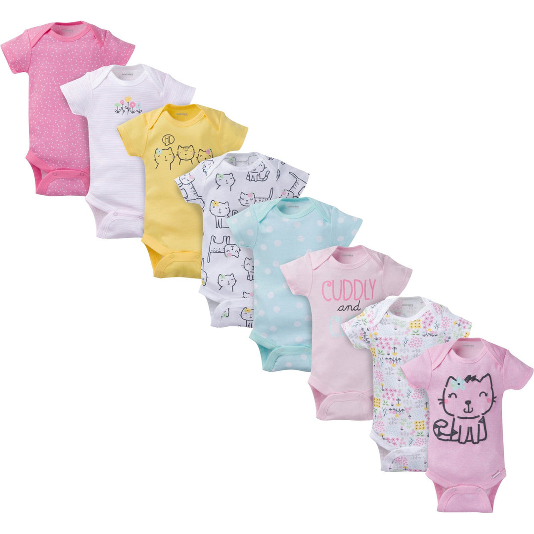 8-Pack Baby Girl Kitty Short Sleeve Onesies® Brand Bodysuits