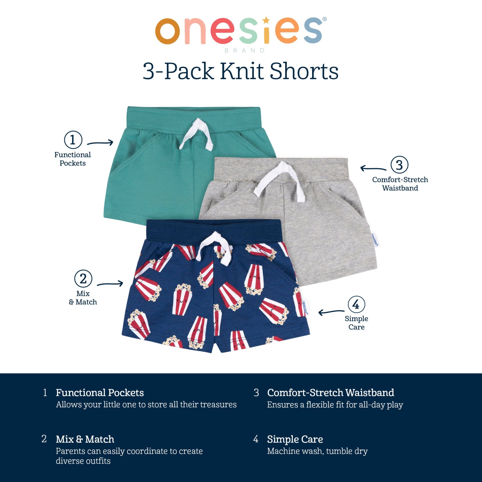 3-Pack Baby Boys Popcorn Knit Shorts Pants & Bottoms Gerber® 