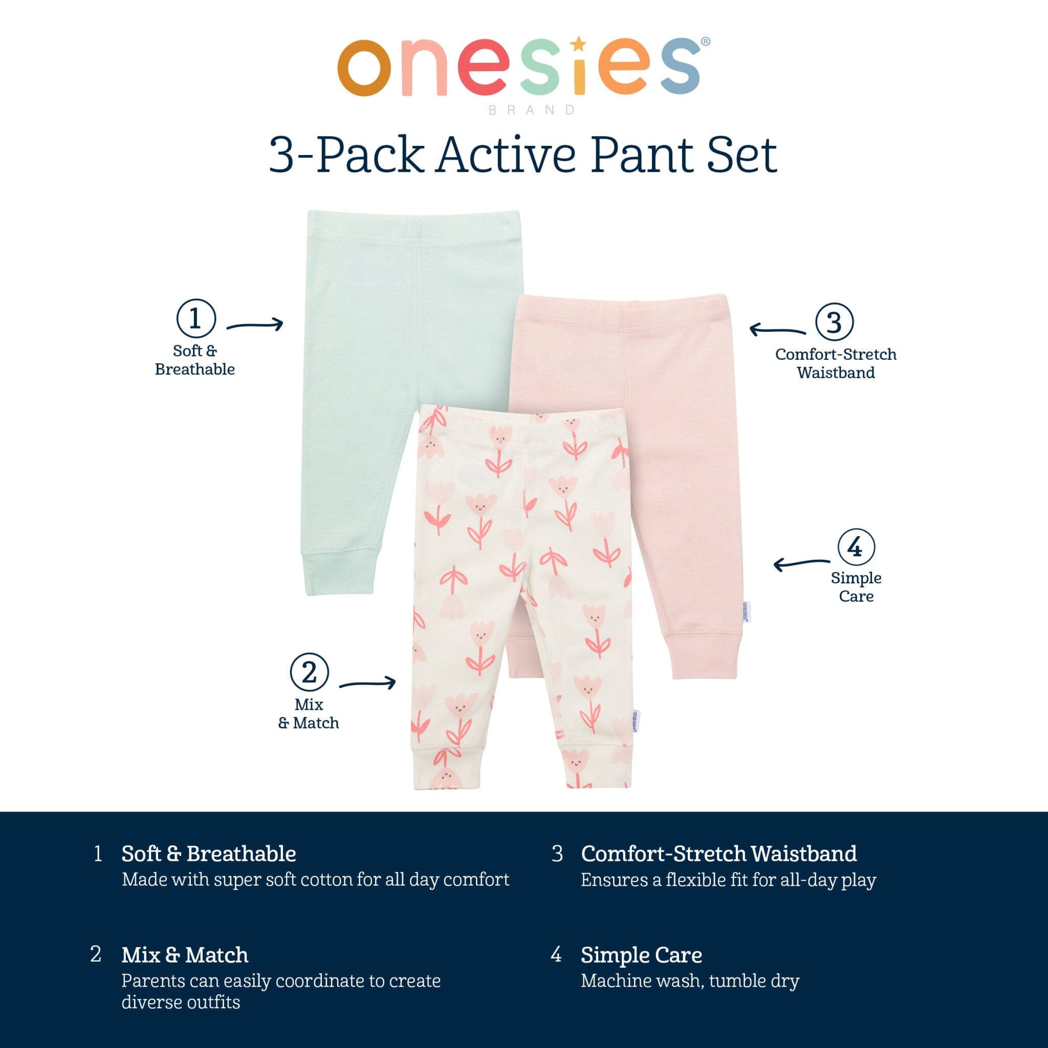 3-Pack Baby Girls Flowers Active Pants Pants & Bottoms Gerber® 