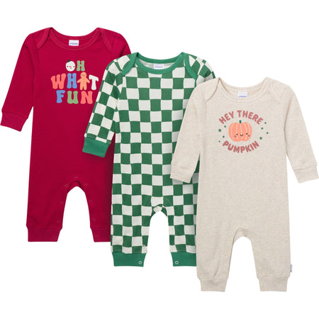 3-Pack Baby Neutral What Fun Pumpkin Lap Shoulder Rompers
