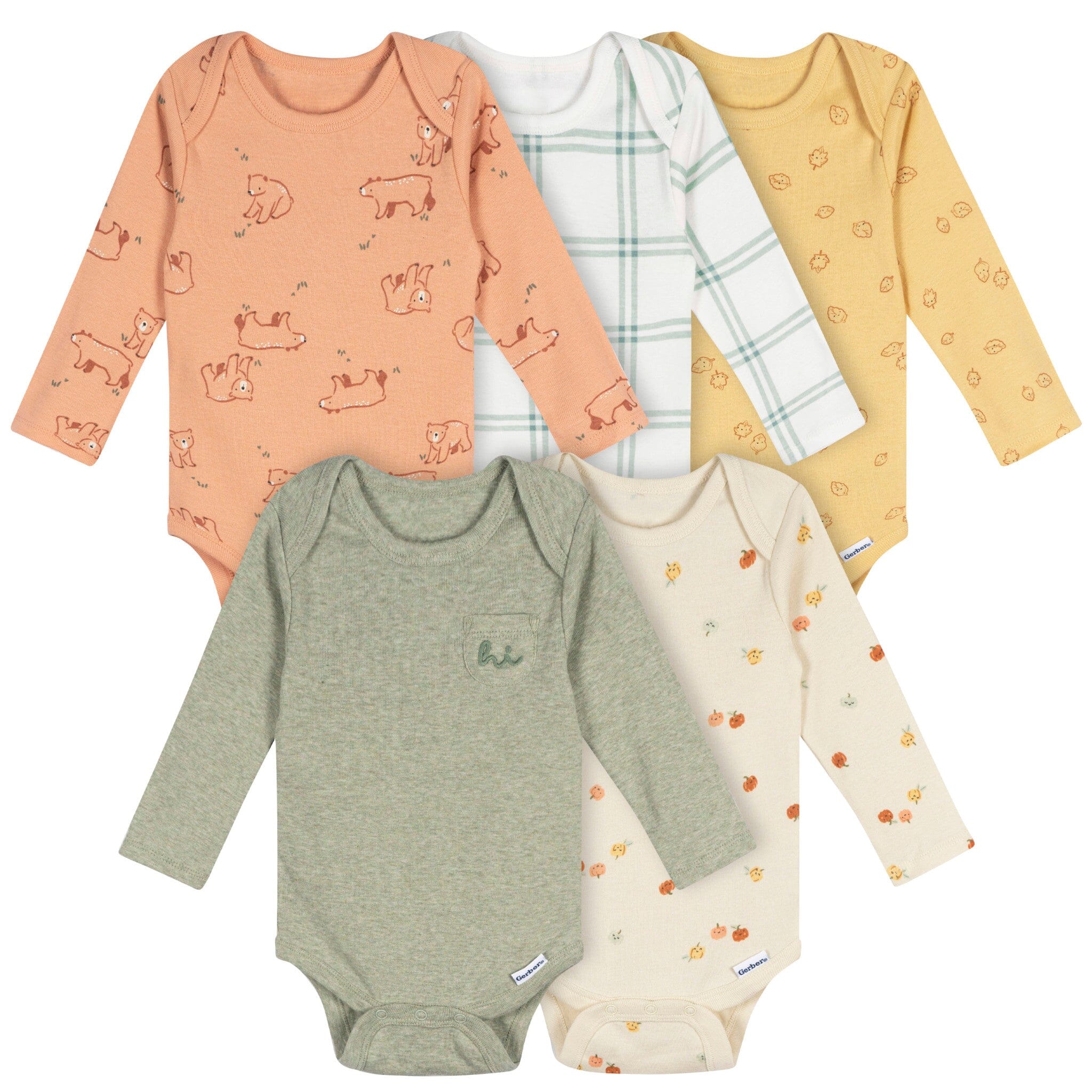 5-Pack Baby Neutral Green Heather Long Sleeve Bodysuits Onesies Bodysuits Gerber® 