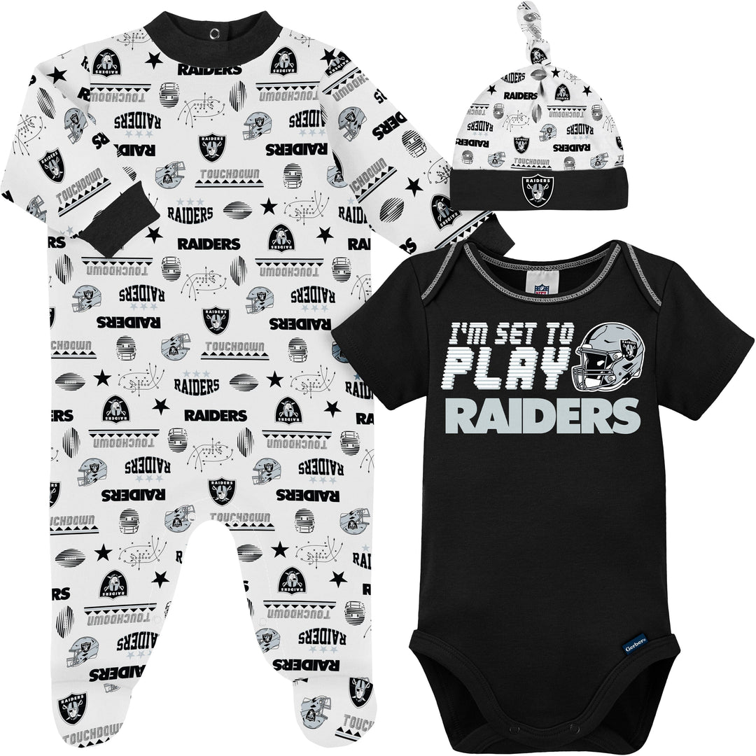 NFL Raiders Baby Boys 3-Piece Bodysuit, Sleep 'n Play, and Cap Set