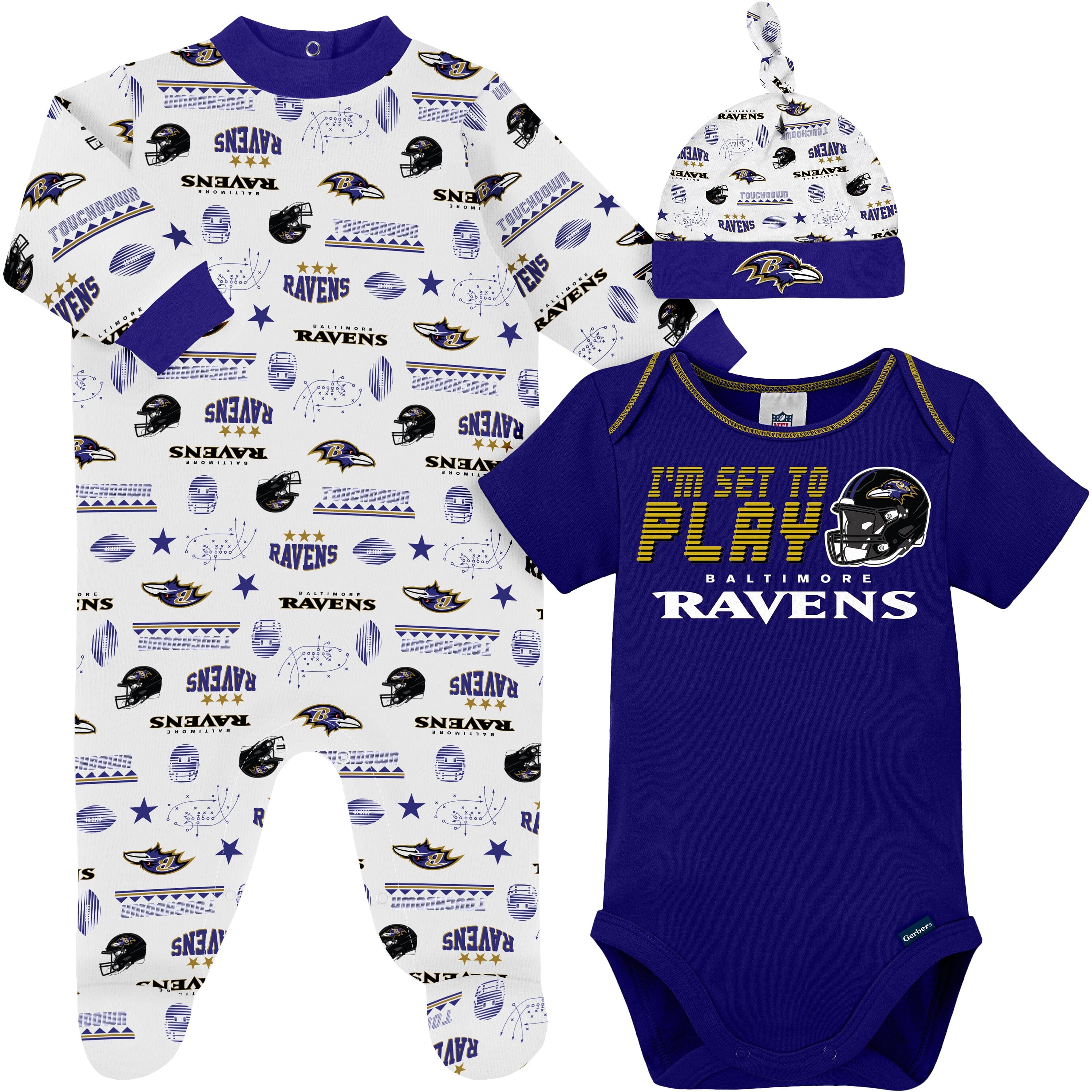 3-Piece Baby Boys Baltimore Ravens Bodysuit, Sleep 'N Play, and Cap Se ...