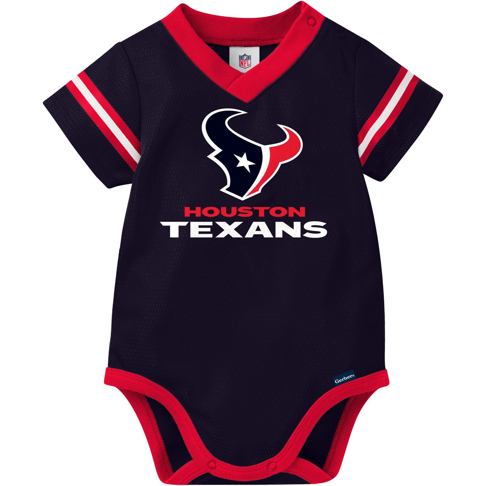 Houston Texans baby bodysuit with team logo on a white background