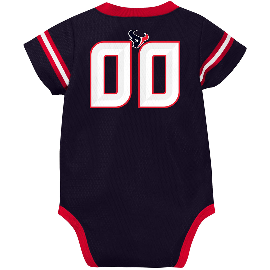 Navy blue baby onesie with red and white accents and a logo on the back, on a white background.