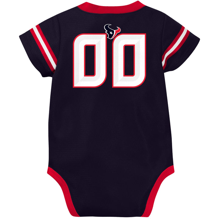Navy blue baby onesie with red and white accents and a logo on the back, on a white background.