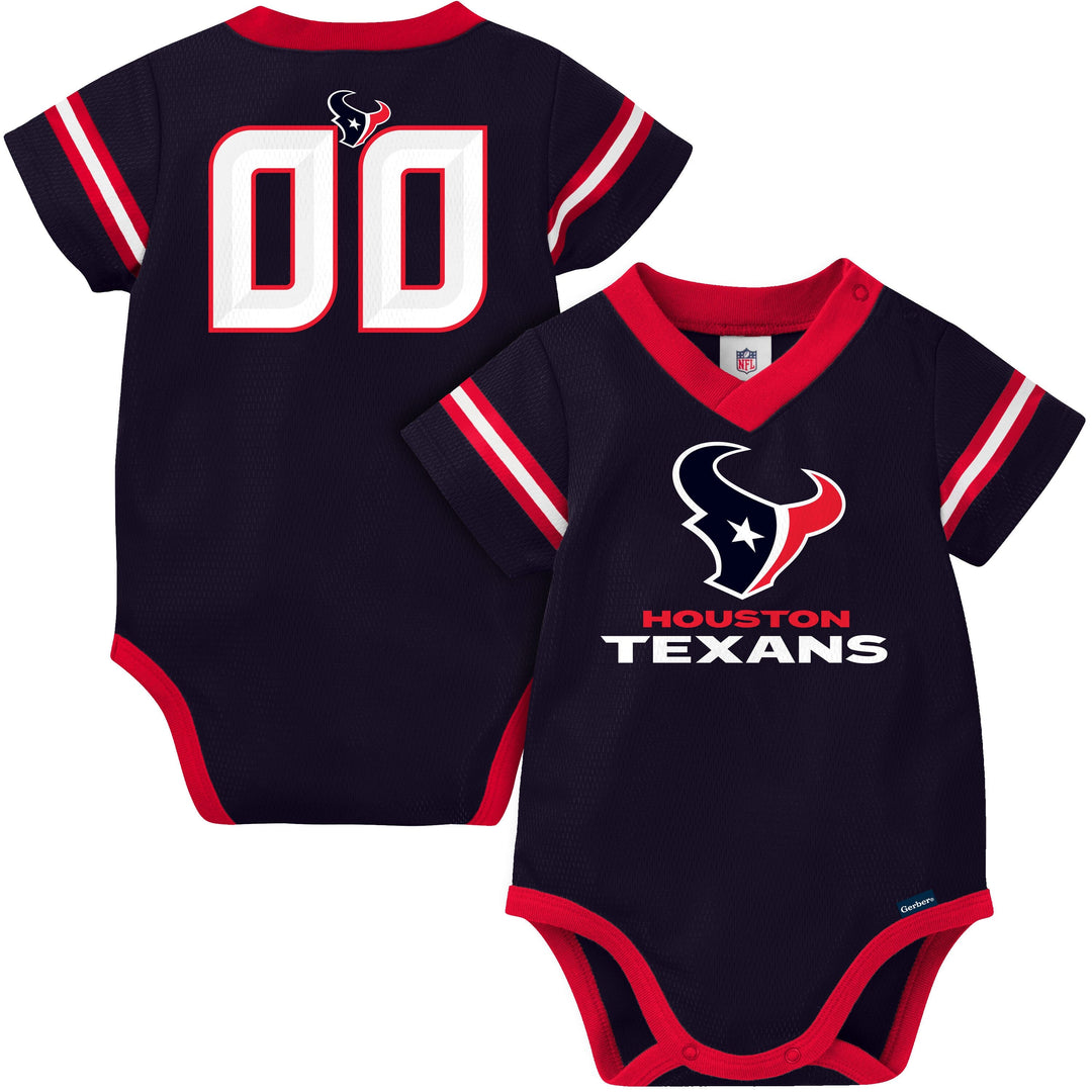 Houston Texans baby onesie with front and back views on a white background