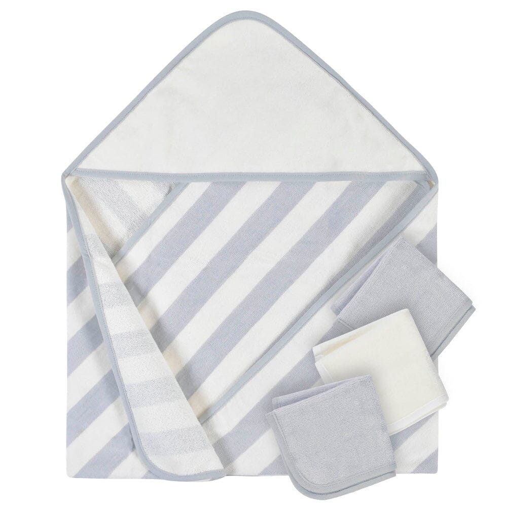 A baby gift set featuring a hooded wrap blanket with light blue and white diagonal stripes, accompanied by two folded light blue cotton muslin cloths and a small folded white cloth, all displayed on a clean white background.