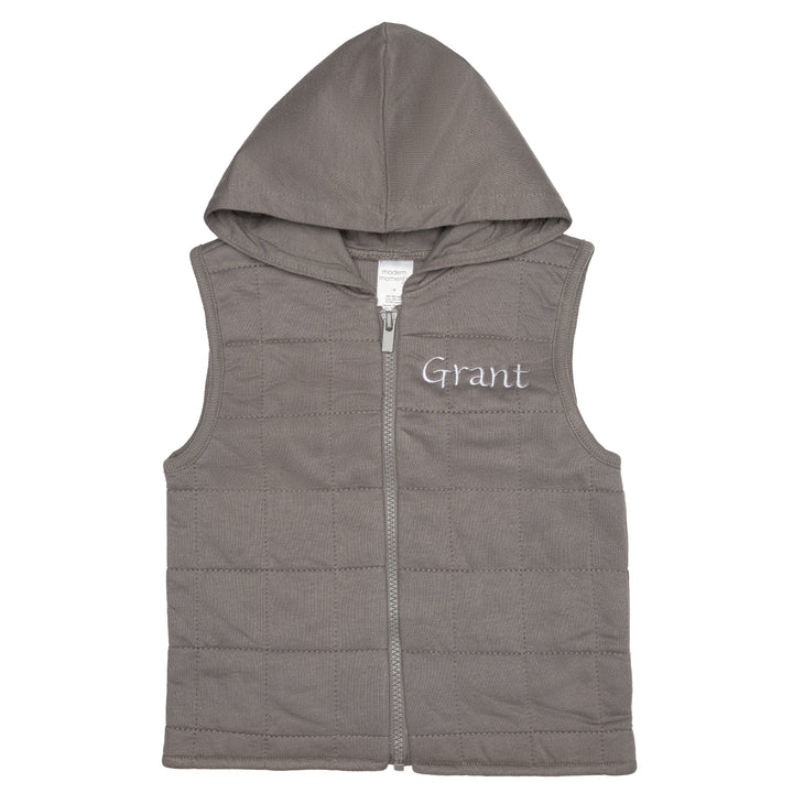 Embroidered Infant & Toddler Boys Gray Quilted Hooded Vest