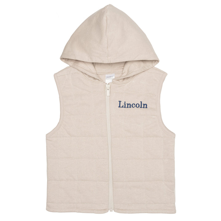 Embroidered Infant & Toddler Boys Taupe Quilted Hooded Vest