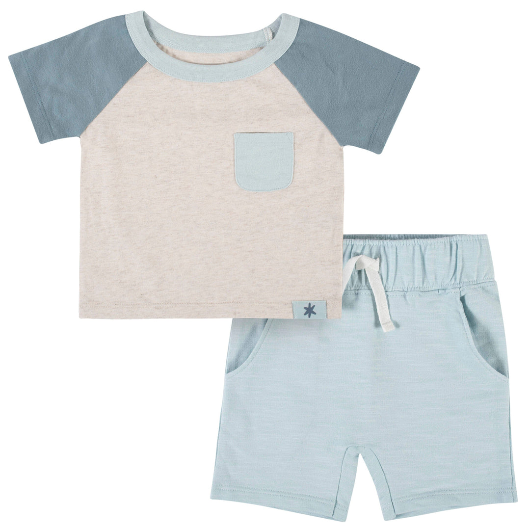 2-Piece Baby Boys Oatmeal Blue Top & Shorts Set