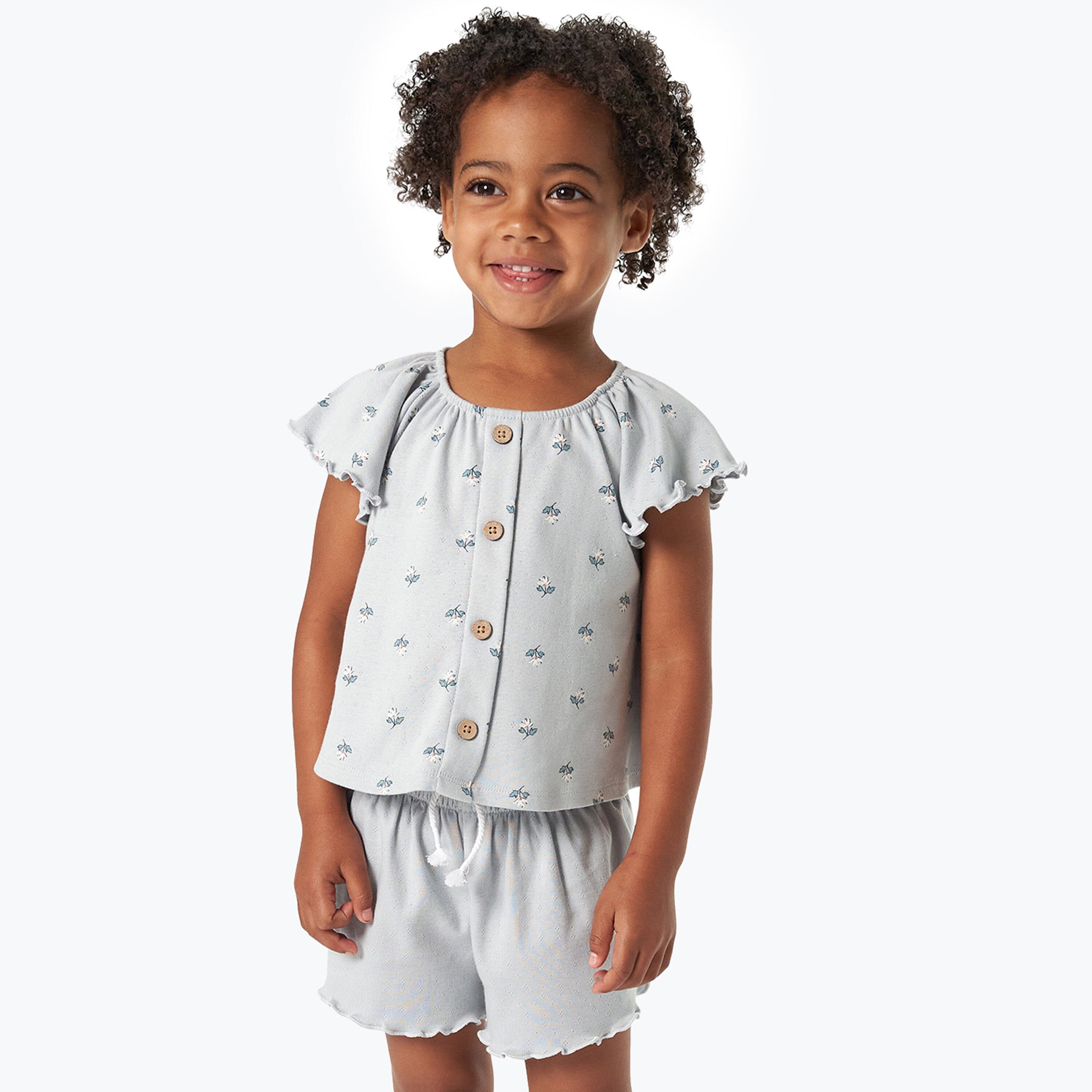 2-Piece Infant & Toddler Girls Light Blue Daisy Ruffled Sleeve Top & Smocked Wide Leg Shorts Bundle outfits Modern Moments™ by Gerber® 