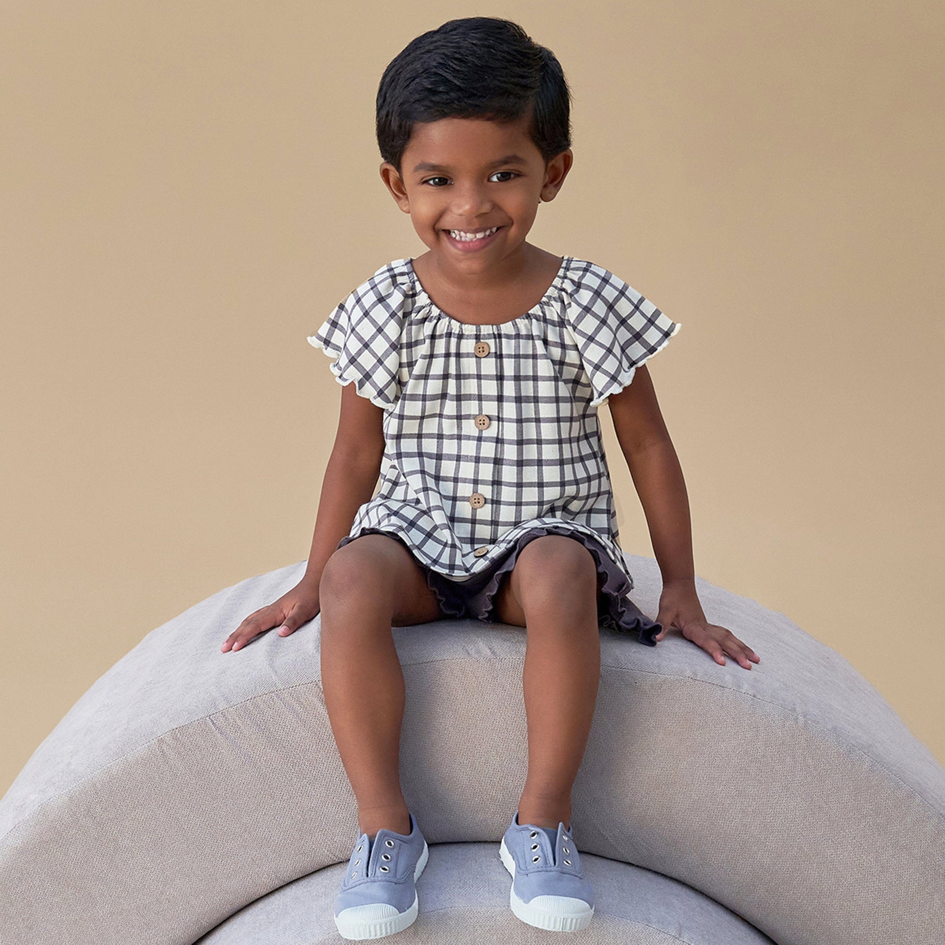 2-Piece Infant & Toddler Girls Dark Grey Plaid Ruffled Sleeve Top & Wide Leg Shorts Bundle outfits Modern Moments™ by Gerber® 