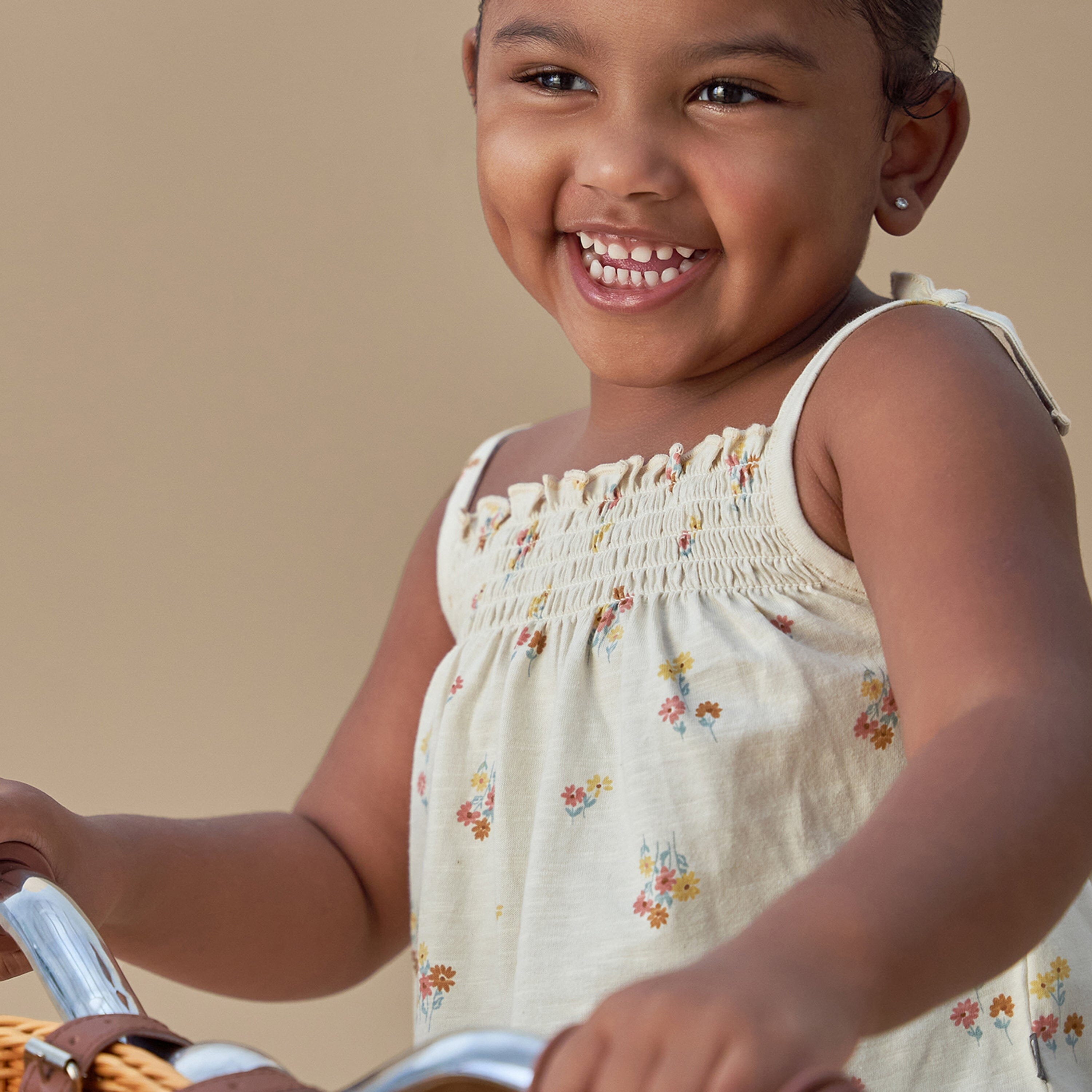 2-Piece Infant & Toddler Girls Beige Flowers Smocked Sleeveless Top & Wide Leg Shorts Bundle outfits Modern Moments™ by Gerber® 