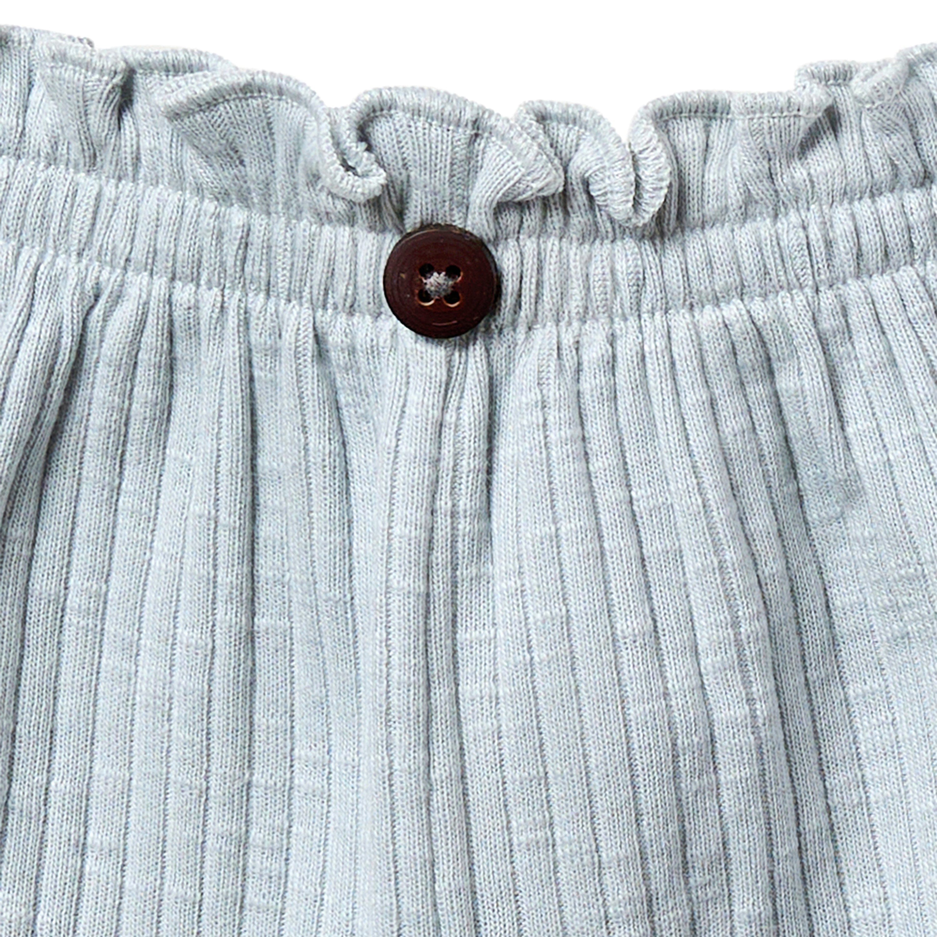 Close-up of light blue textured fabric with a button on a white background