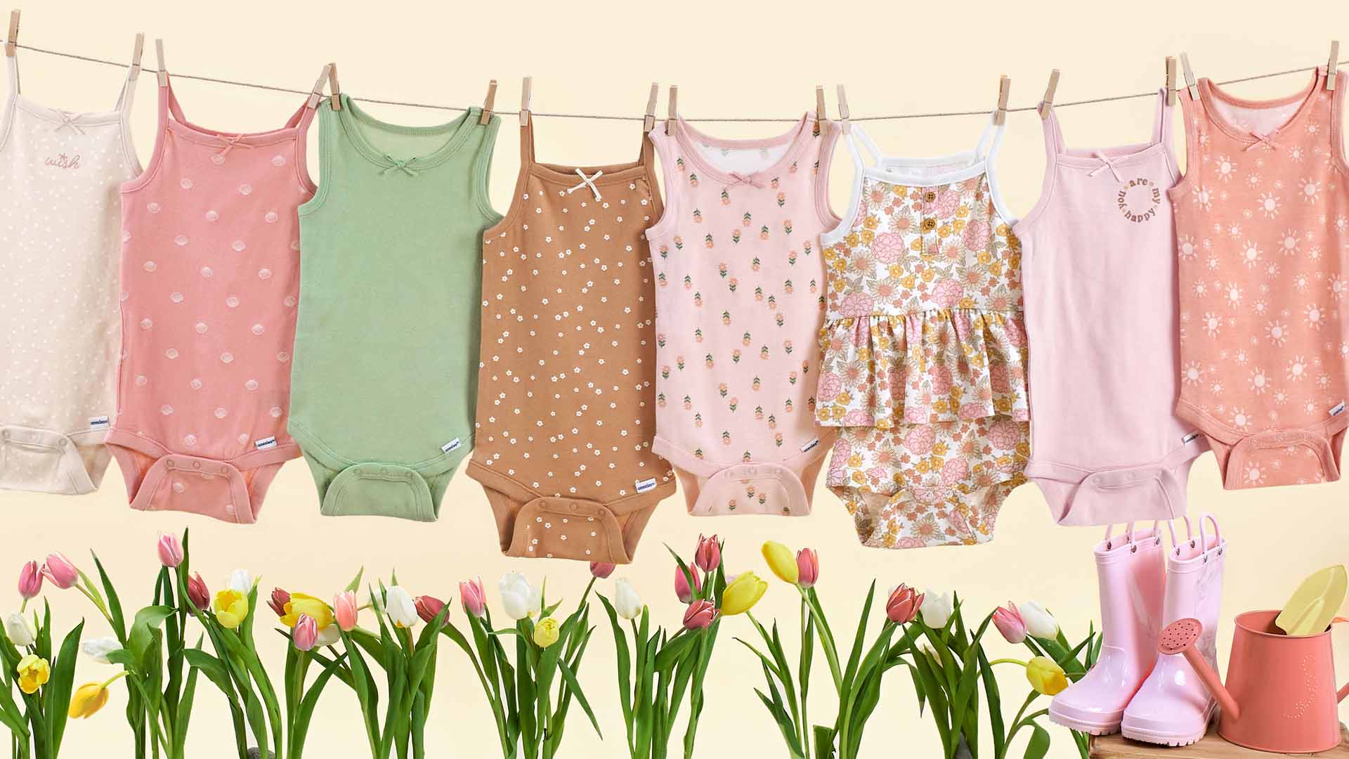 Baby girl tank top style bodysuits in spring colors hanging from a clothesline.