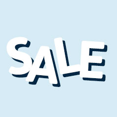 White text with blue shadow that reads "Sale" on a light blue background