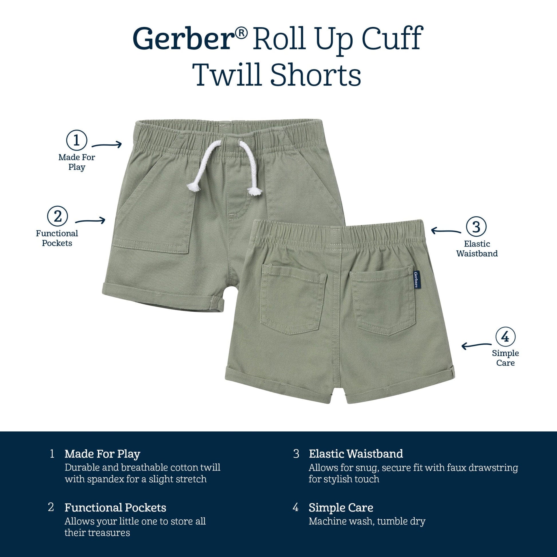 Baby & Toddler Girls Olive Stretch Twill Shorts Pants & Bottoms Gerber® 