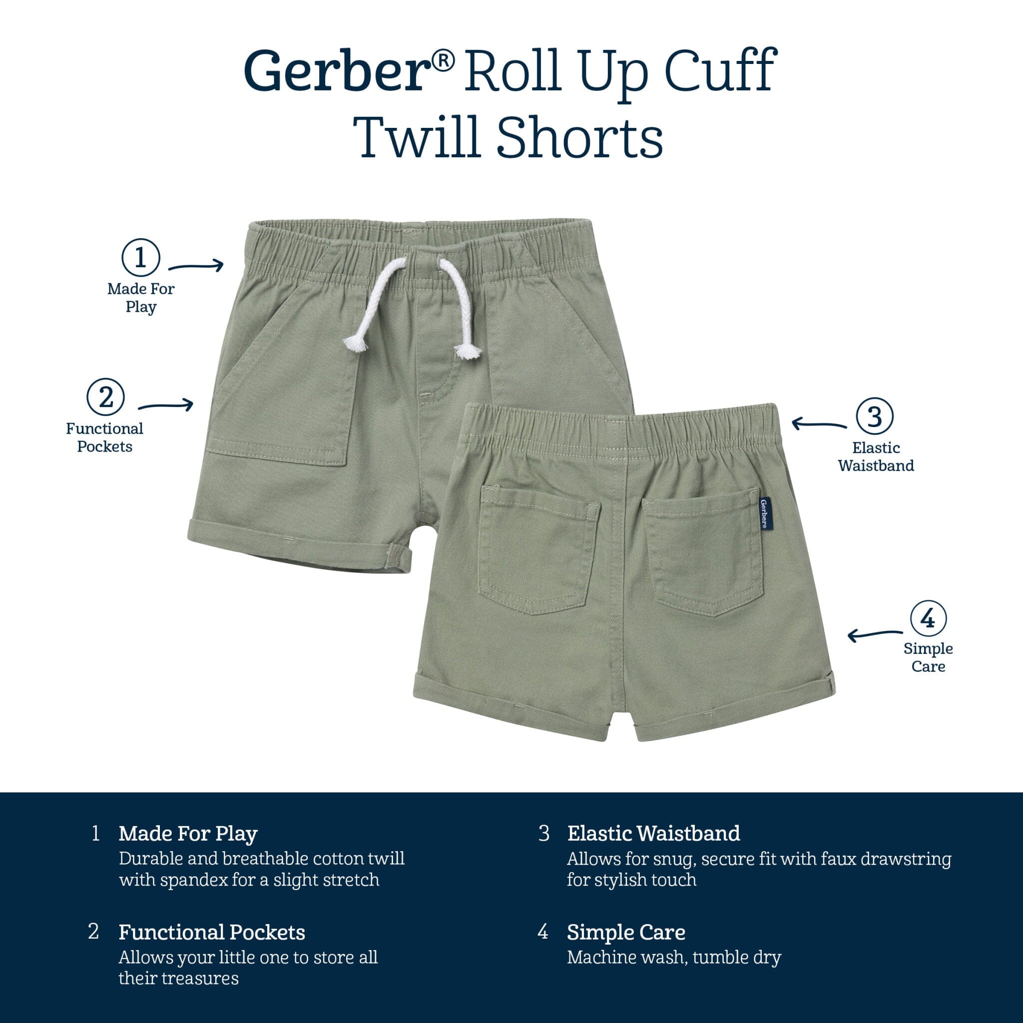 Baby & Toddler Girls Olive Stretch Twill Shorts Pants & Bottoms Gerber® 