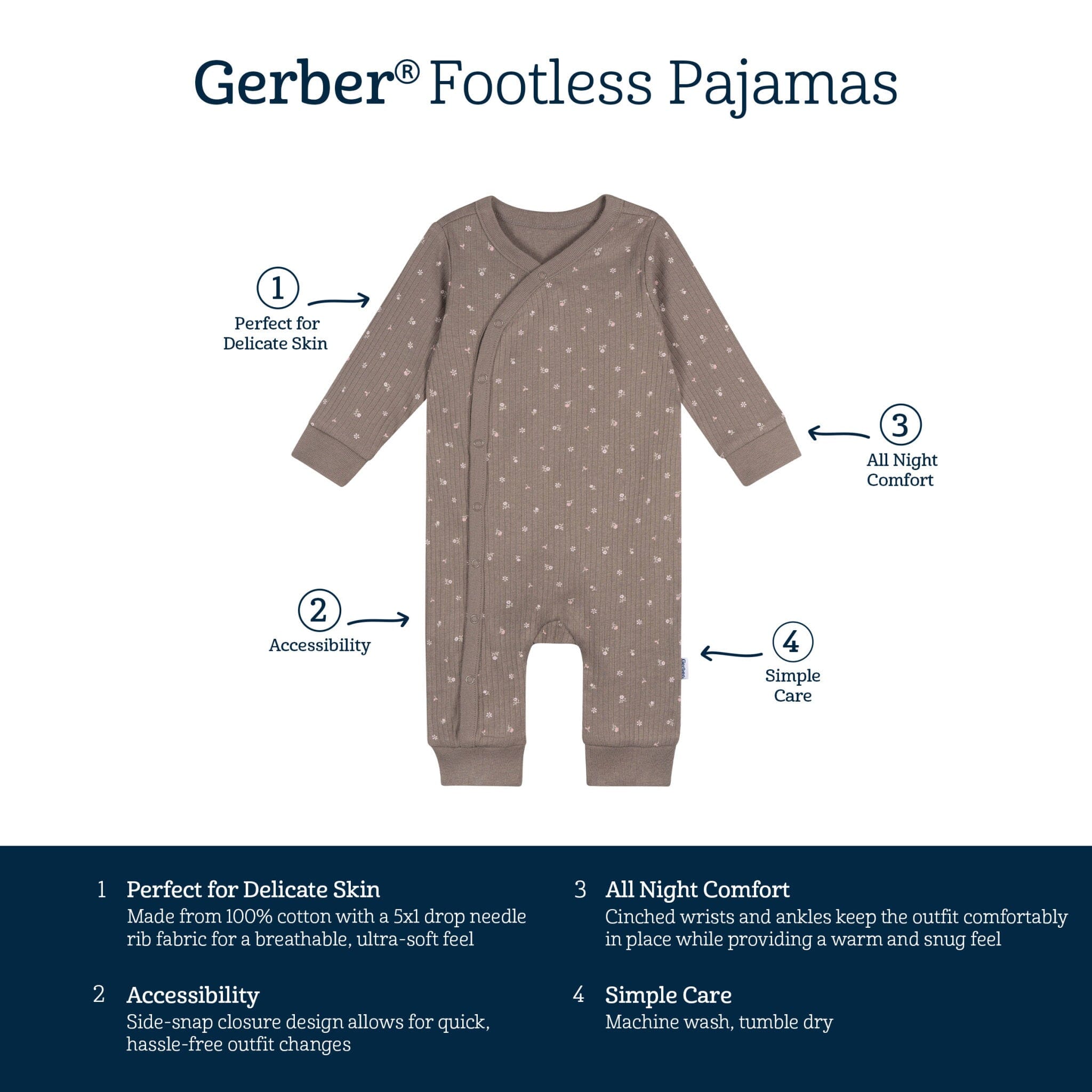 Baby Girls Brown Flowers Footless Pajamas Sleepwear Gerber® 