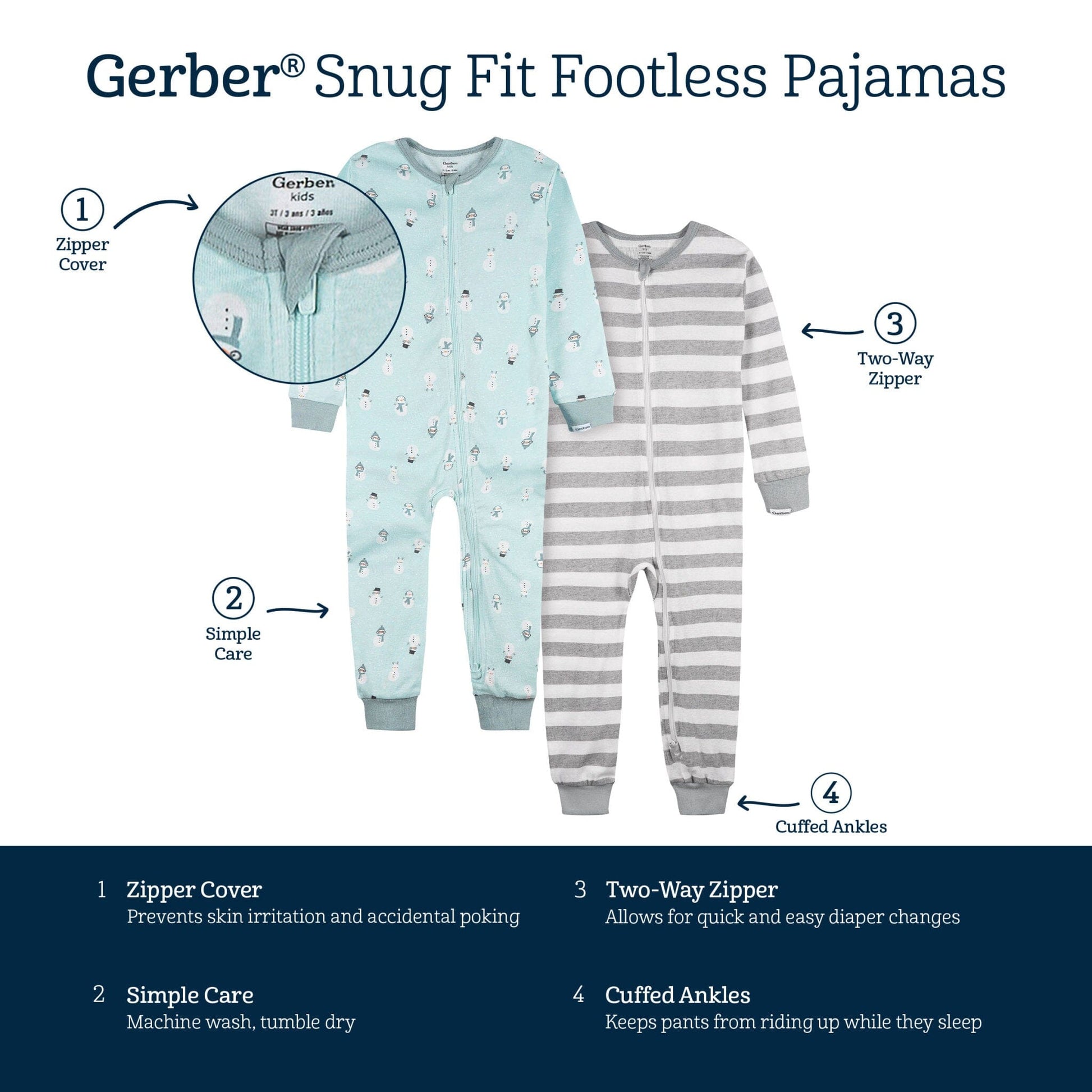 2-Pack Infant & Toddler Snowman Stripe Snug Fit Footless Pajamas sleepwear Gerber® 
