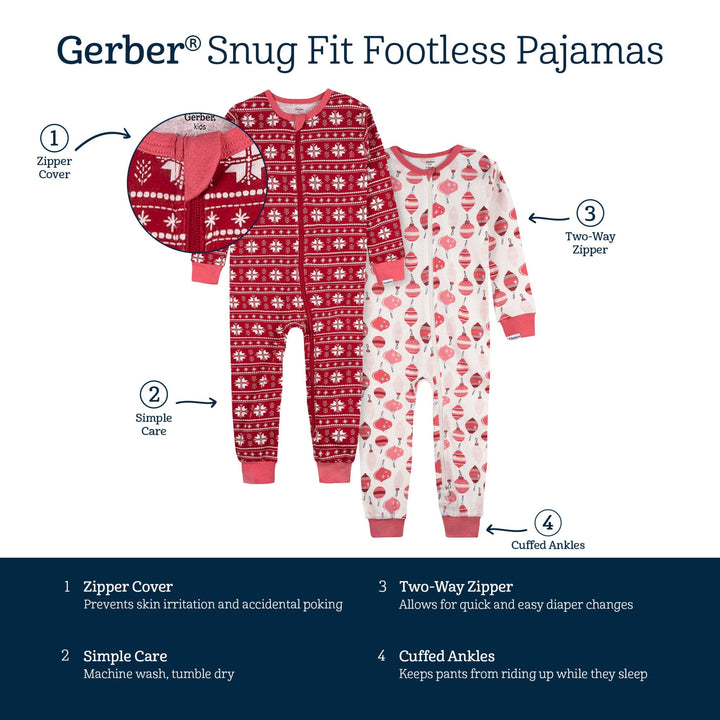 2-Pack Infant & Toddler Girls Ornaments Snug Fit Footless Pajamas sleepwear Gerber® 