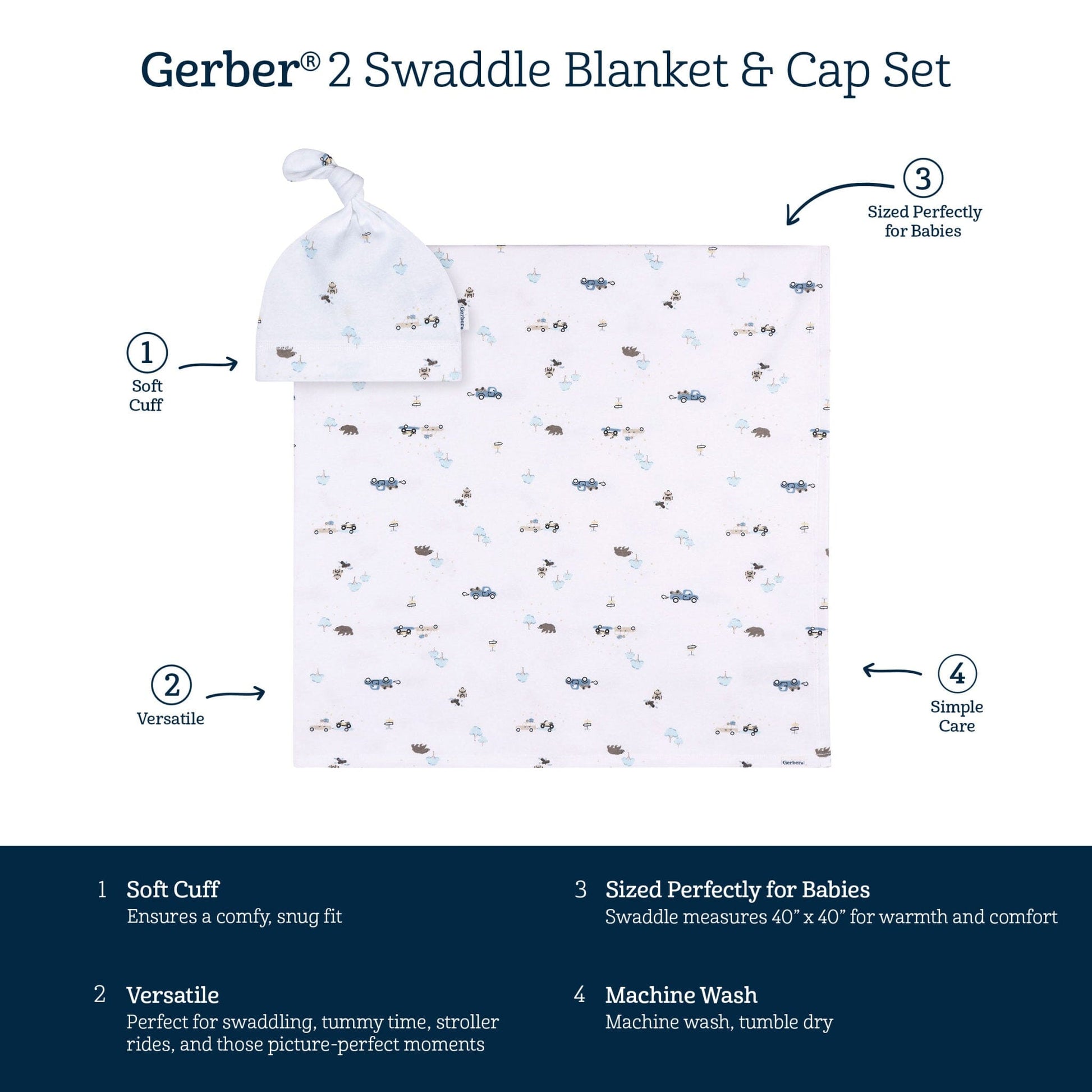 2-Piece Baby Boys Road Trip Swaddle and Cap Set Blankets Gerber® 
