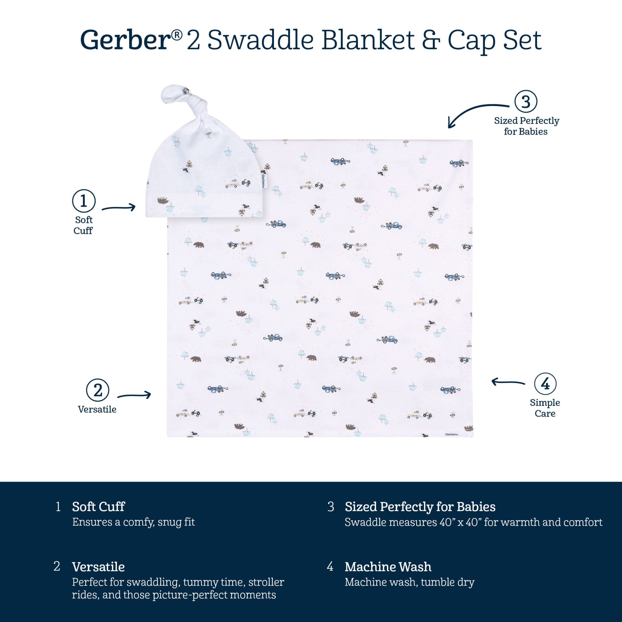 2-Piece Baby Boys Road Trip Swaddle and Cap Set Blankets Gerber® 