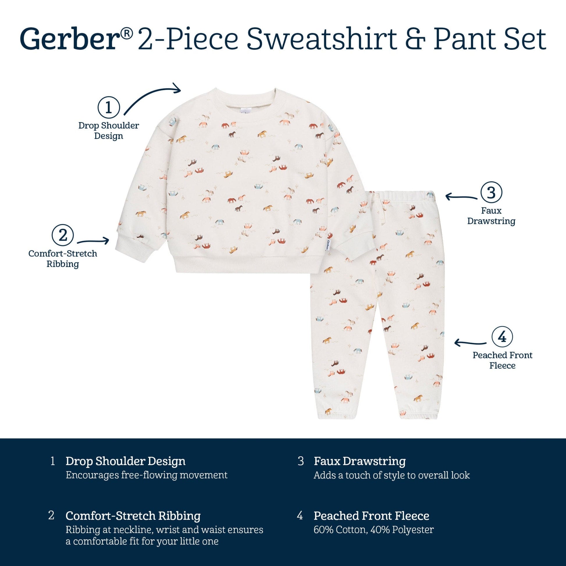 2-Piece Baby & Toddler Girls Colorful Horses Sweatshirt & Pant Set outfits Gerber® 