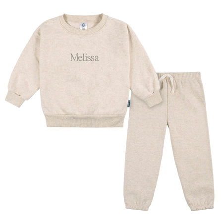 Embroidered 2-Piece Infant & Toddler Neutral Oatmeal Heather Sweatshirt & Pant Set
