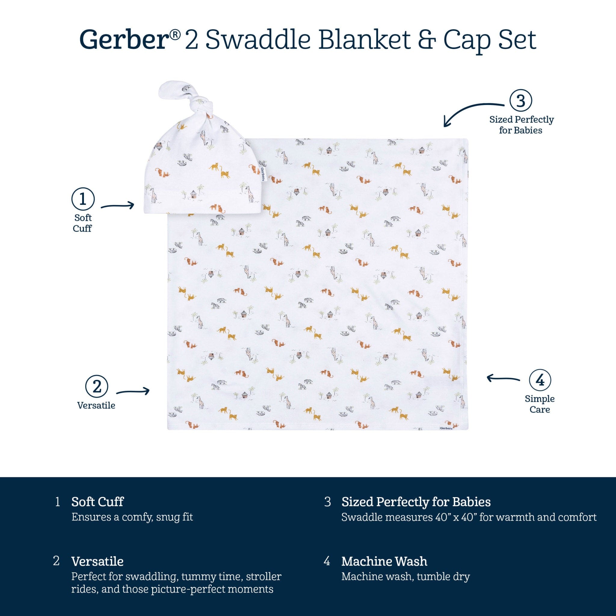 2-Piece Baby Neutral Safari Swaddle and Cap Set Blankets Gerber® 