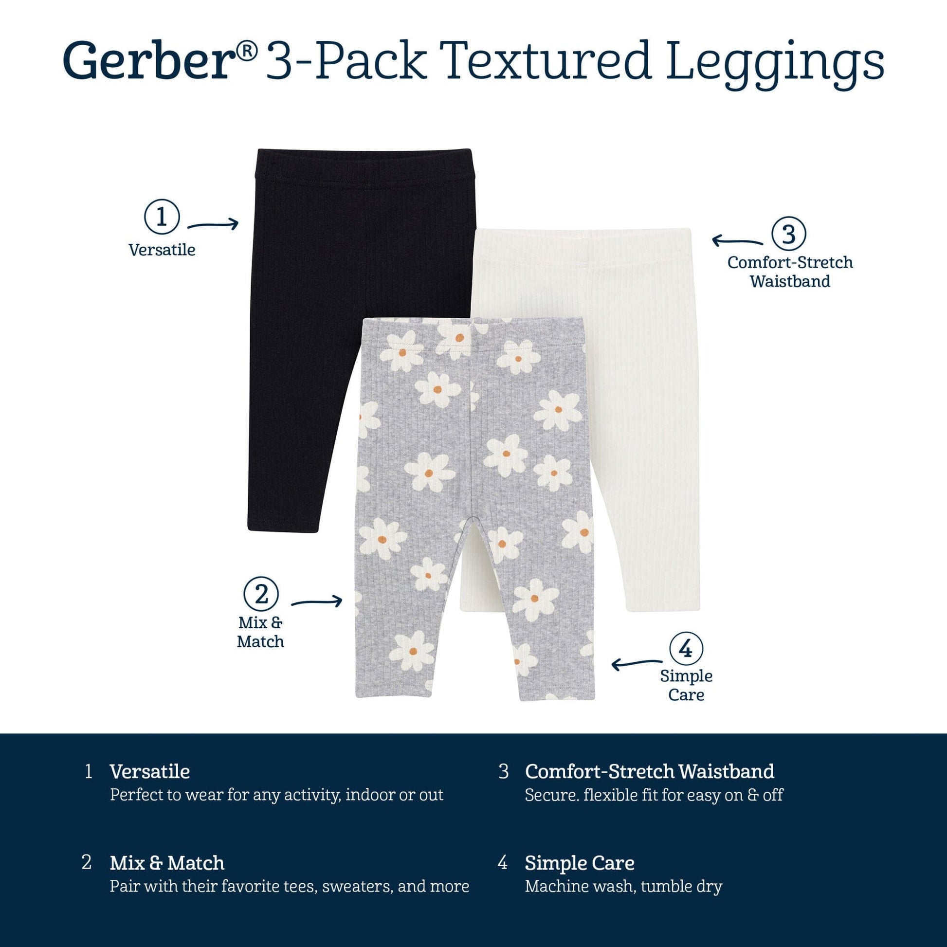 3-Pack Baby & Toddler Girls Gray Flowers, Cream and Black Ribbed Leggings bottoms Gerber® 