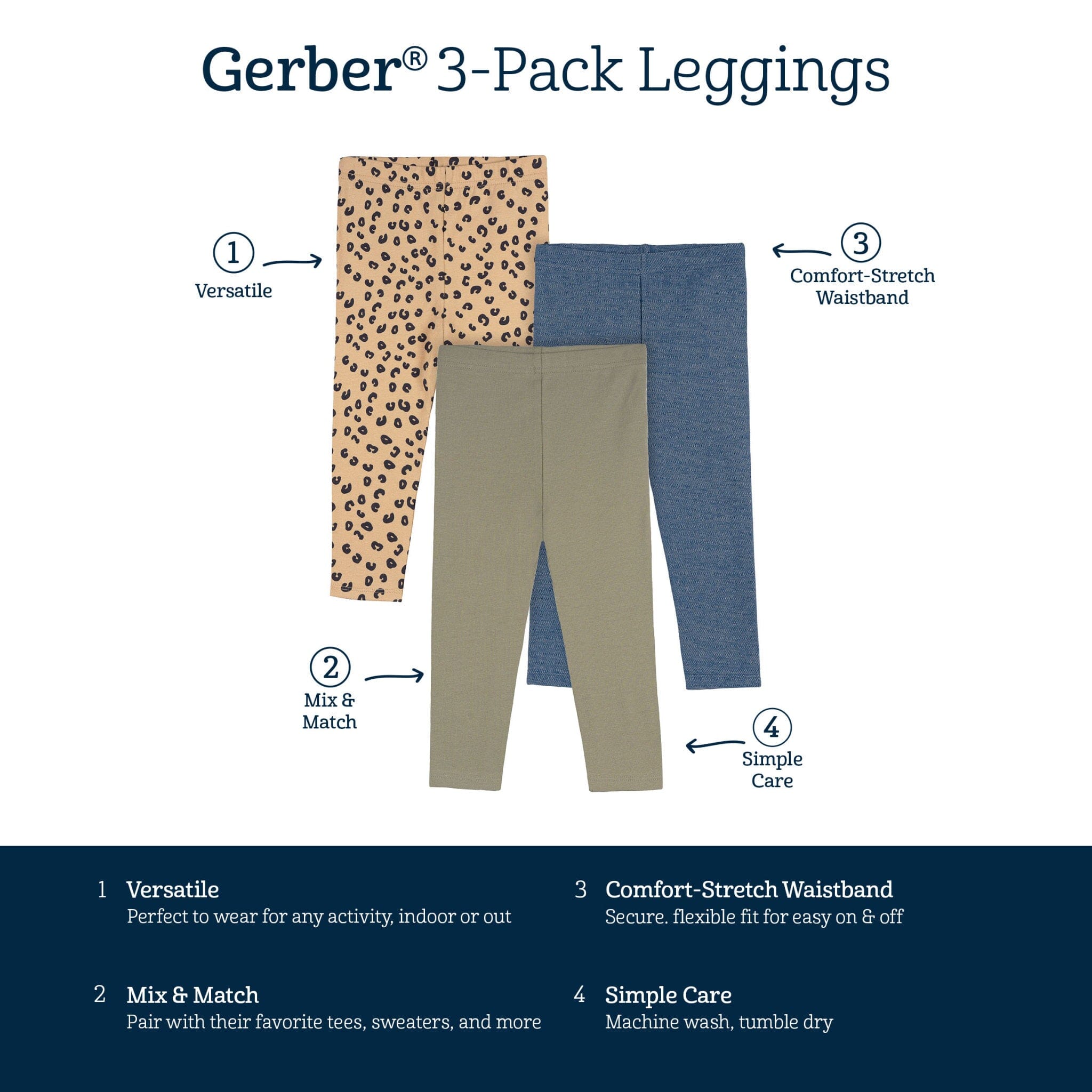 3-Pack Baby & Toddler Girls Green, Leopard Print and Blue Leggings bottoms Gerber® 