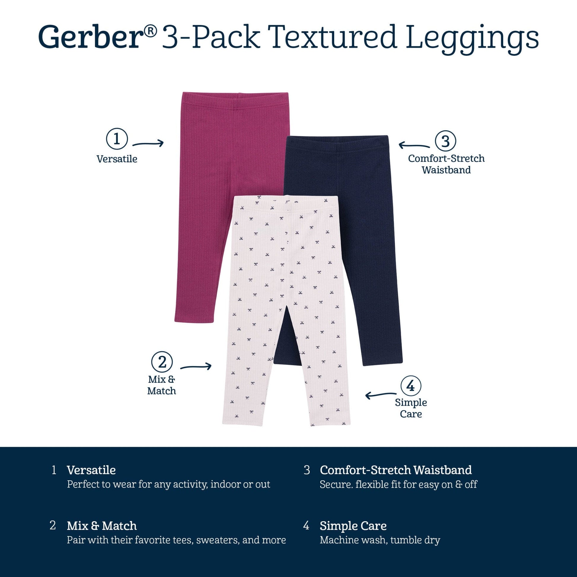 3-Pack Baby & Toddler Girls Pink Bows, Blue & Purple Ribbed Leggings bottoms Gerber® 