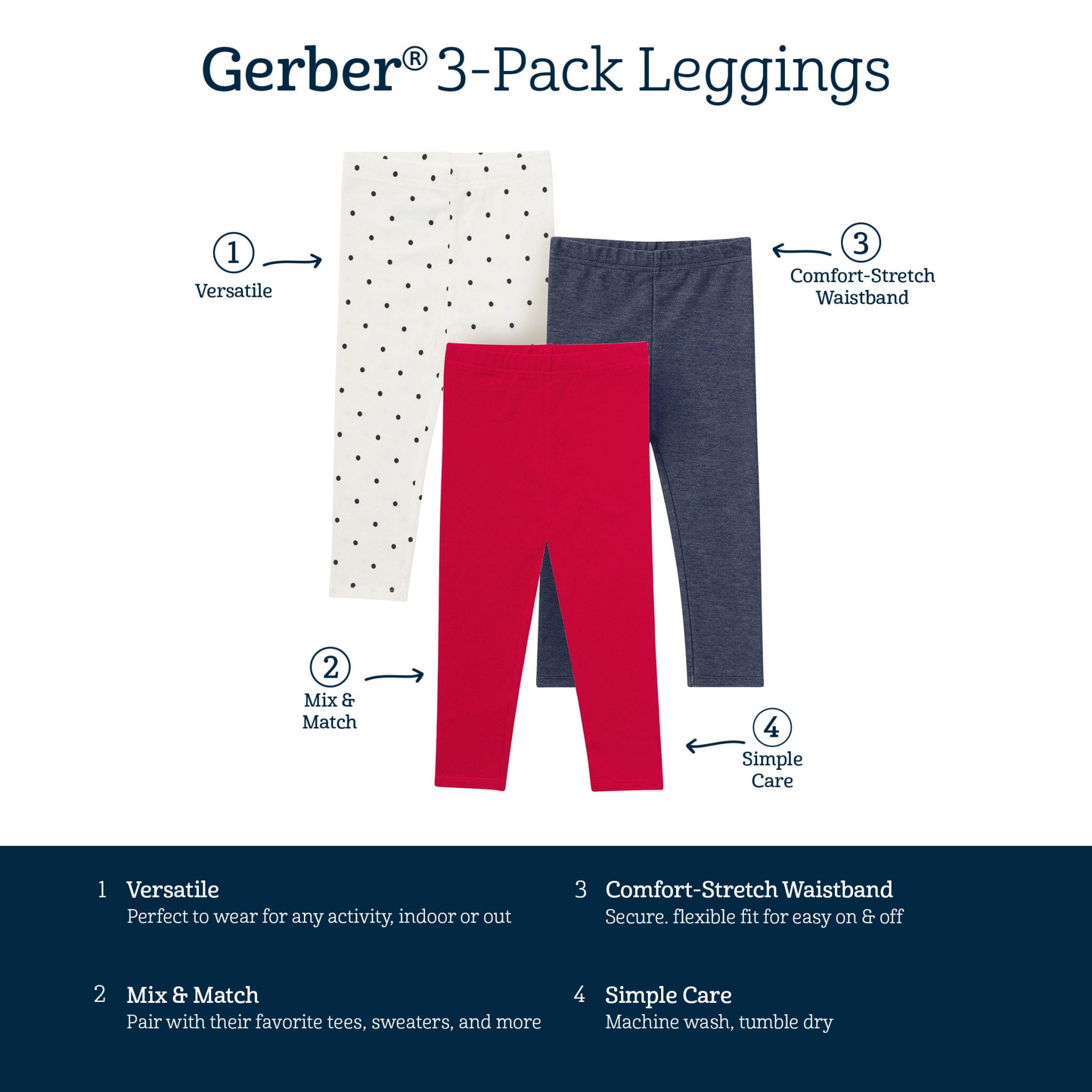 3-Pack Baby & Toddler Girls Red, Blue and Polka Dot Leggings bottoms Gerber® 